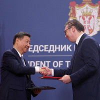 Chinese President Xi Jinping and Serbian President Aleksandar Vucic shake hands during a document signing at the Palace of Serbia during the Chinese president's two-day state visit in Belgrade, Serbia, May 8, 2024. 
