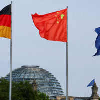 he flags of Germany, China and the European Union are seen ahead of a meeting between German Chancellor Olaf Scholz and Chinese Premier Li Qiang in Berlin, Germany, June 19, 2023. 