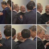 ussian President Vladimir Putin, left, Indian Prime Minister Narendra Modi, centre, and Chinese President Xi Jinping talk ahead of the Shanghai Cooperation Organization (SCO) summit 