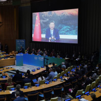 Chinese President Xi Jinping delivers a video speech to the United Nations Climate Summit 2025 held in New York on Sept. 24, 2025. 