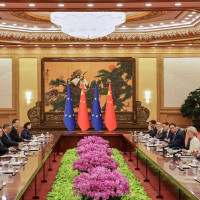 Chinese President Xi Jinping, fourth left, listens to European Council President António Costa, second right, in presence of European Commission President Ursula von der Leyen, third right, and European Union’s foreign policy chief, Kaja Kallas during the opening remarks of the European Union-China Summit in Beijing, China, Thursday, July 24, 2025.