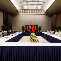 ndrei Belousov (3rd L front), Defence Minister of Russia, and his Chinese counterpart Dong Jun (3rd R front) hold a meeting on the sidelines of the SCO (Shanghai Cooperation Organisation) Meeting of Defence Ministers 