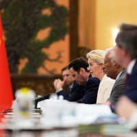 European Commission President Ursula von der Leyen, third right, attends during the opening remarks of the European Union - China Summit at the Great Hall of the People in Beijing, China