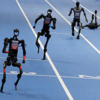 Unitree Robotics and Tiangong humanoid robots compete in the 100m final at the inaugural World Humanoid Robot Games, at the National Speed Skating Oval in Beijing, China August 17, 2025