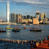 Swimmers participate in the Victoria Harbour Race in Victoria Harbor on November 22, 2025 in Hong Kong