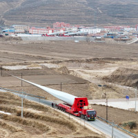 A truck is transporting wind turbine components on the road in Xigai County, Guoyuan City, Ningxia Hui Autonomous Region, China on January 18, 2026.