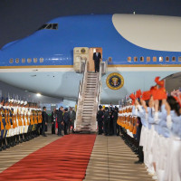 President Donald Trump arrives on Air Force One, Wednesday, May 13, 2026, at Beijing Capital International Airport in Beijing. (AP Photo/Mark Schiefelbein)
