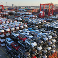 SUZHOU, CHINA - JANUARY 15, 2024 - A batch of cars are exported overseas at the Taicang Port terminal in Suzhou, Jiangsu province, China, Jan 15, 2024.