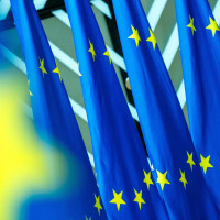 Flag during the Foreign Affairs Council meeting of Minister responsible for Trade of the European Union in the European Council in Brussels in Belgium on 14th of July 2025. 