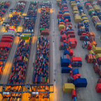 Containers piled up at the container terminal of Longtan Port Area, Nanjing Port, Nanjing City, Jiangsu Province, China