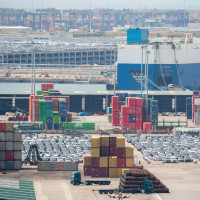 his photo taken on June 2, 2026, shows the view of the Port of Barcelona where cargo ships arrive with fleets of electric cars from China, in Barcelona, Spain.