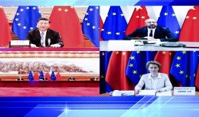 President of the European Council Charles Michel and President of the European Commission Ursula von der Leyen meet Chinese President Xi Jinping via video link on 22 June 2020.