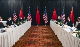 Secretary of State Antony Blinken, second from right, joined by national security adviser Jake Sullivan, right, speaks during the opening session of US-China talks with Chinese Communist Party foreign affairs chief Yang Jiechi, and China's State Councilor Wang Yi, at the Captain Cook Hotel in Anchorage, Alaska.