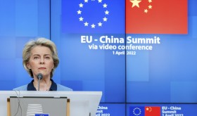 European Commission President Ursula von der Leyen speaks during a media conference at the end of an EU China summit at the European Council building in Brussels, Friday, April 1, 2022
