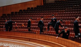 Chinese security officers check the hall after the 2nd Plenary Session of the Fifth Session of the 12th National People's Congress (NPC) at the Great Hall of the People in Beijing, China, 08 March 2017.