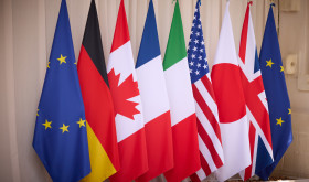 Flags of member countries of the European Council at the 50th G7 summit in Brindisi, Apulia, region of Italy on June 13, 2024.