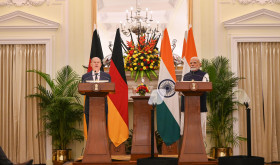 German Chancellor Olaf Scholz with Prime Minister Narendra Modi attend a joint press conference, at Hyderabad House, on October 25, 2024 in New Delhi, India. 
