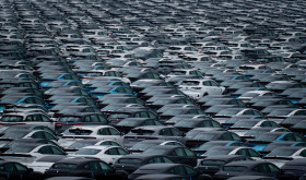Aerial view of new cars waiting for transportation at the logistics center of CHANGAN Automobile in southwest China's Chongqing Municipality