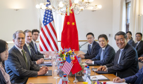 US Secretary of the Treasury Scott Bessent, US Trade Representative Jamieson Greer, Li Chenggang, China International Trade Representative (full minister rank) and Vice Minister of Commerce, Chinese Vice Premier He Lifeng, left and right, they are preparing to discuss for the second day during a bilateral meeting between the United States and China, in Geneva, Switzerland, on Sunday, May 11, 2025.