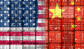 Containers with US and Chinese flags