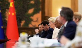 European Commission President Ursula von der Leyen, third right, attends during the opening remarks of the European Union - China Summit at the Great Hall of the People in Beijing, China