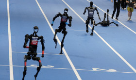 Unitree Robotics and Tiangong humanoid robots compete in the 100m final at the inaugural World Humanoid Robot Games, at the National Speed Skating Oval in Beijing, China August 17, 2025