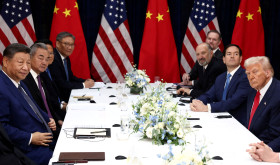 U.S. President Donald Trump, accompanied by U.S. Secretary of State Marco Rubio and U.S. Secretary of Commerce Howard Lutnick, attends a bilateral meeting with Chinese President Xi Jinping, accompanied by Chinese Foreign Minister Wang Yi, at Gimhae International Airport, on the sidelines of the Asia-Pacific Economic Cooperation (APEC) summit, in Busan, South Korea, October 30, 2025. 