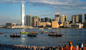 Swimmers participate in the Victoria Harbour Race in Victoria Harbor on November 22, 2025 in Hong Kong