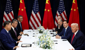 U.S. President Donald Trump, accompanied by U.S. Secretary of State Marco Rubio and U.S. Secretary of Commerce Howard Lutnick, attends a bilateral meeting with Chinese President Xi Jinping, accompanied by Chinese Foreign Minister Wang Yi, at Gimhae International Airport, on the sidelines of the Asia-Pacific Economic Cooperation (APEC) summit, in Busan, South Korea, October 30, 2025.