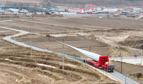 A truck is transporting wind turbine components on the road in Xigai County, Guoyuan City, Ningxia Hui Autonomous Region, China on January 18, 2026.