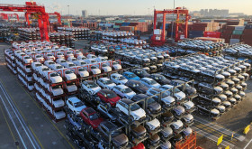 SUZHOU, CHINA - JANUARY 15, 2024 - A batch of cars are exported overseas at the Taicang Port terminal in Suzhou, Jiangsu province, China, Jan 15, 2024.