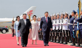 In this photo provided by the North Korean government, North Korean leader Kim Jong Un, front left, and his wife Ri Sol Ju, see off Chinese President Xi Jinping, center right, and his wife Peng Liyuan at the airport in Pyongyang, Tuesday, June 9, 2026. 