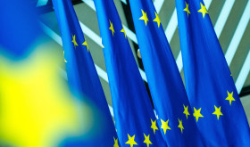 Flag during the Foreign Affairs Council meeting of Minister responsible for Trade of the European Union in the European Council in Brussels in Belgium on 14th of July 2025. 