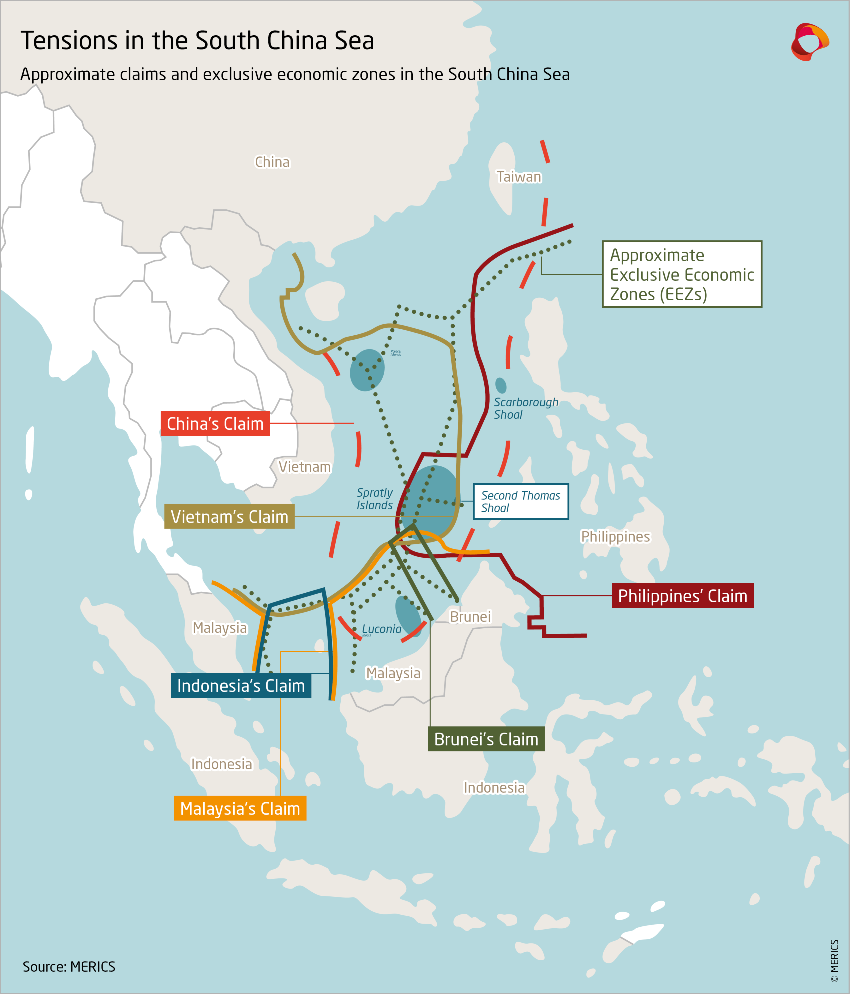 Tensions in the South China Sea. Approximate claims and exclusive economic zones in the South China Sea
