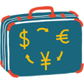 Illustration of a suitcase with Yuan, Dollar and Euro characters