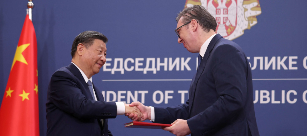 Chinese President Xi Jinping and Serbian President Aleksandar Vucic shake hands during a document signing at the Palace of Serbia during the Chinese president's two-day state visit in Belgrade, Serbia, May 8, 2024. 