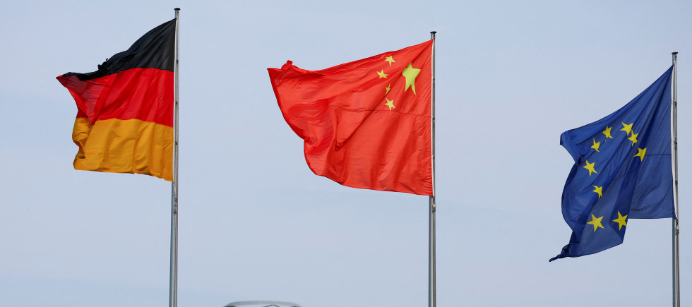 he flags of Germany, China and the European Union are seen ahead of a meeting between German Chancellor Olaf Scholz and Chinese Premier Li Qiang in Berlin, Germany, June 19, 2023.