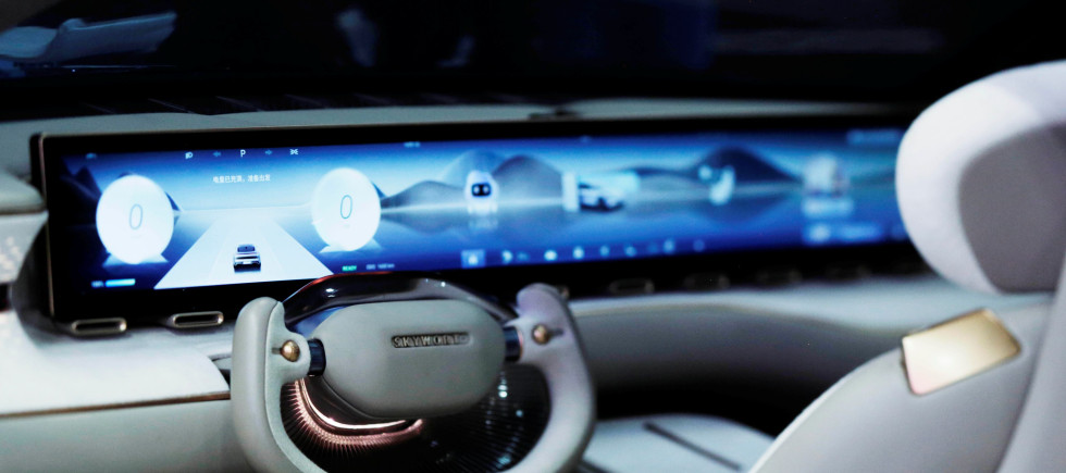 Interior of the SKYWORTH Y with a view of the large flat screen on the dashboard