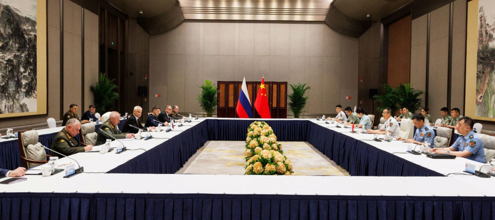 ndrei Belousov (3rd L front), Defence Minister of Russia, and his Chinese counterpart Dong Jun (3rd R front) hold a meeting on the sidelines of the SCO (Shanghai Cooperation Organisation) Meeting of Defence Ministers 