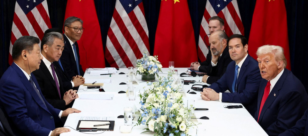 U.S. President Donald Trump, accompanied by U.S. Secretary of State Marco Rubio and U.S. Secretary of Commerce Howard Lutnick, attends a bilateral meeting with Chinese President Xi Jinping, accompanied by Chinese Foreign Minister Wang Yi, at Gimhae International Airport, on the sidelines of the Asia-Pacific Economic Cooperation (APEC) summit, in Busan, South Korea, October 30, 2025.