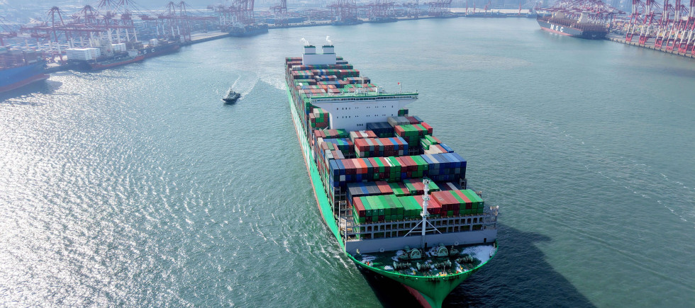 A cargo ship loaded with foreign trade containers departed from Qingdao Port in Qingdao City, Shandong Province, China on January 20, 2026.