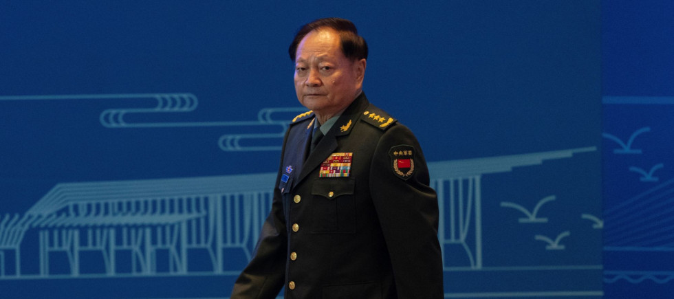 Zhang Youxia, vice chairman of the CPC Central Military Commission, walks down the podium after addressing the Western Pacific Navy Symposium held in Qingdao in eastern China's Shandong province on Monday, April 22, 2024.