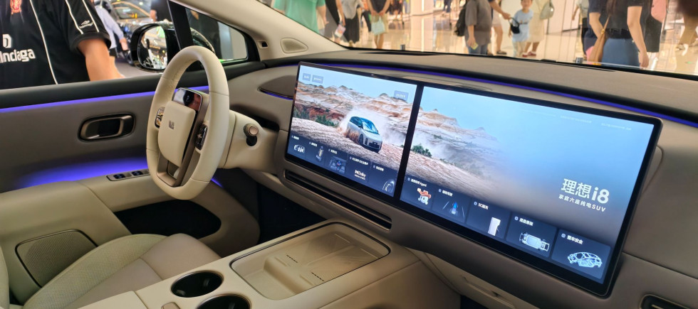 The dual screen smart cockpit of the Li Auto i8 family six seater pure electric SUV at the China New Energy Vehicle Autumn Auto Show in Shanghai, China on September 6, 2025.