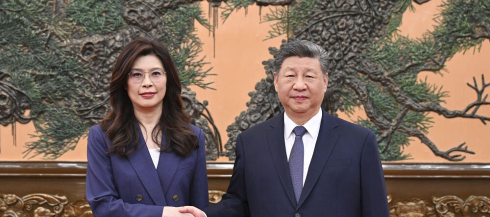KMT Chairperson Cheng Li-wun meets with Communist Party of China General Secretary Xi Jinping in Beijing on April 10, 2026.