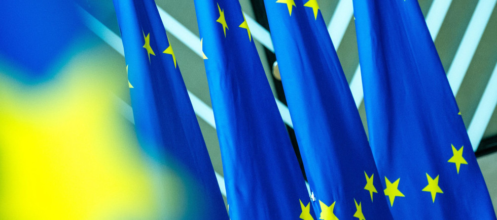 Flag during the Foreign Affairs Council meeting of Minister responsible for Trade of the European Union in the European Council in Brussels in Belgium on 14th of July 2025. 