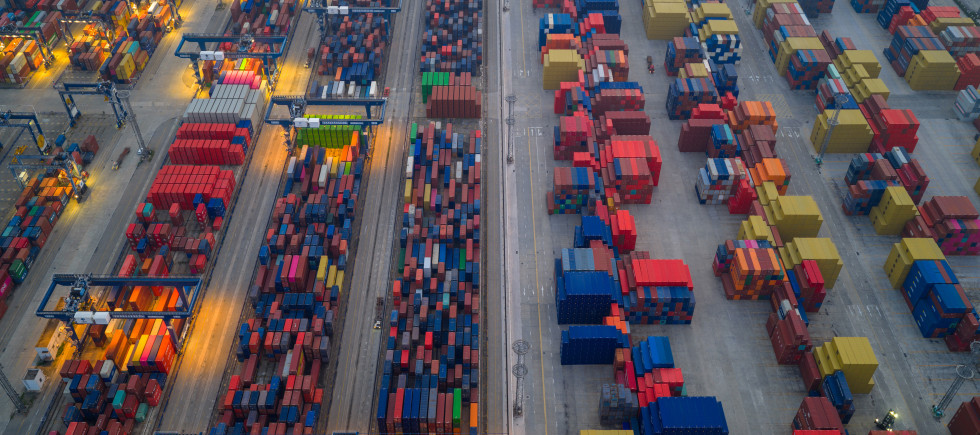Containers piled up at the container terminal of Longtan Port Area, Nanjing Port, Nanjing City, Jiangsu Province, China