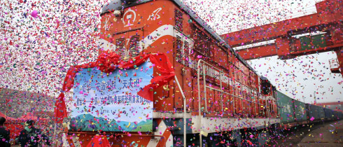 The first international container train travelling from Jinhua city in the eastern province of Zhejiang to Kazakhstan in January 2016.