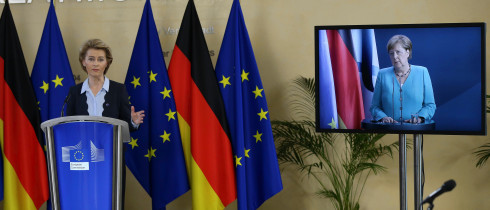 EU Commission President Von der Leyen and Council President Merkel address the press on 2 July 2020