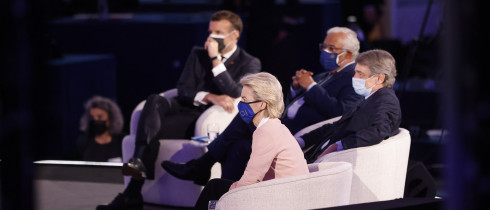 uropean Commission President Ursula von der Leyen , European Parliament President David Sassoli , Portugal's Prime Minister Antonio Costa and French President Emmanuel Macron listen to speeches during the Future of Europe conference at the European Parliament in Strasbourg