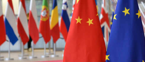  European Union and Chinese flags are pictured during a EU-China summit in Brussels, Belgium.